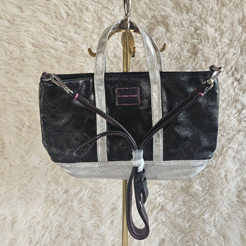 Victoria Secret Black and Silver Trim Coated Canvas Mini Tote Handbag Purse